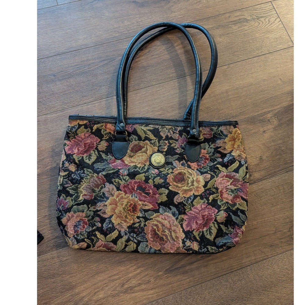 Mitzi Vintage Floral Tapestry Tote Bag Black Faux Leather Trim Rose Print